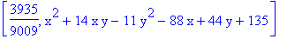 [3935/9009, x^2+14*x*y-11*y^2-88*x+44*y+135]